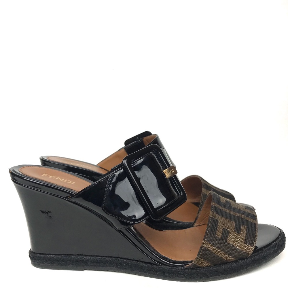 Fendi Vernis Zucca Canvas Patent Leather Wedge 38 - Picture 2 of 8